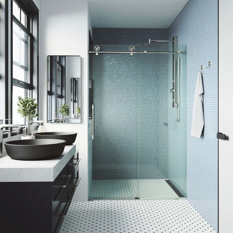 VIGO Elan Cass Aerodynamic 44" to 48" W x 76" H Frameless Sliding Shower Door, Stainless Steel, Clear Glass