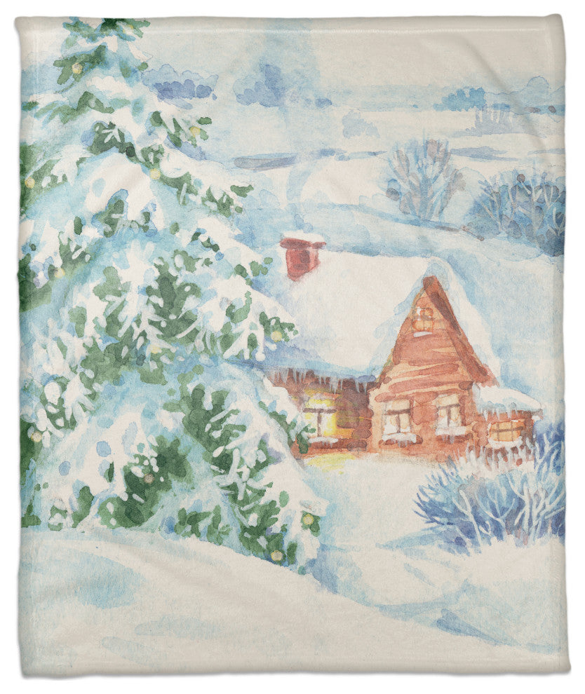 Watercolor Winter Cabin 50x60 Coral Fleece Blanket