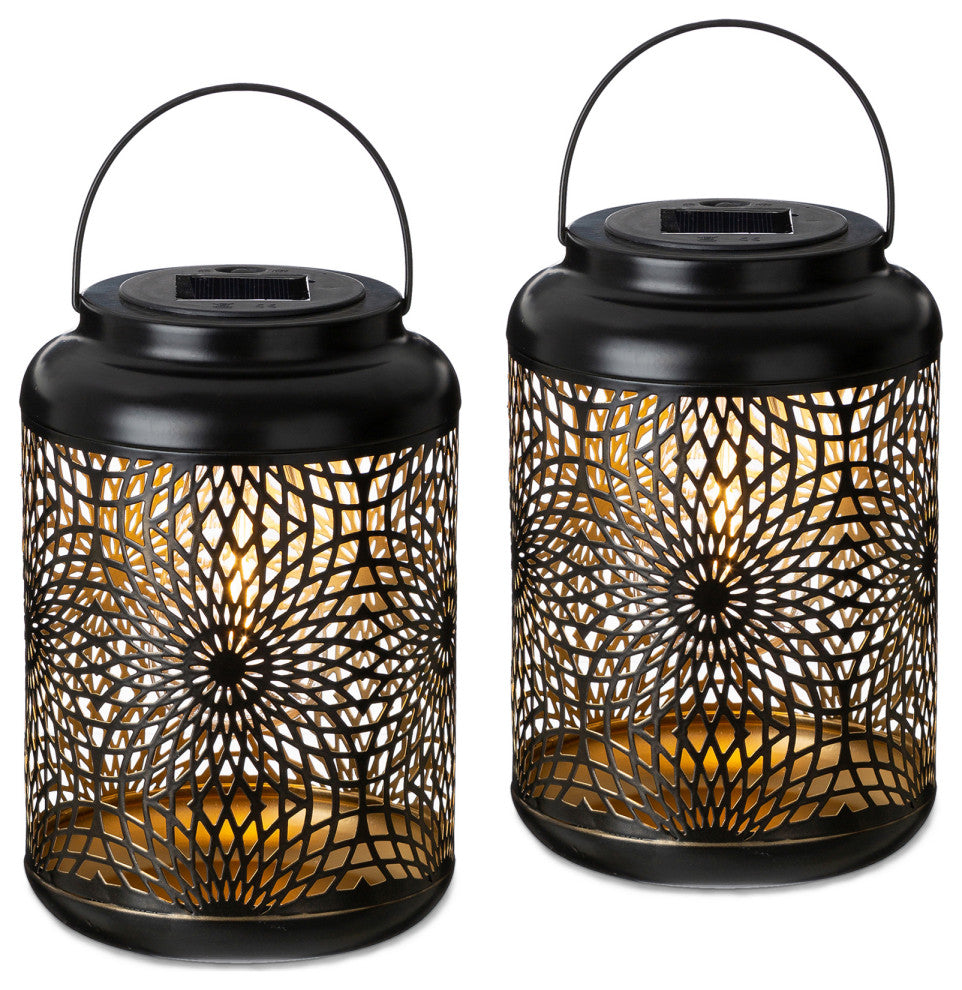 Metal Cutout Solar Powered Hanging Lantern, 2-Piece Set
