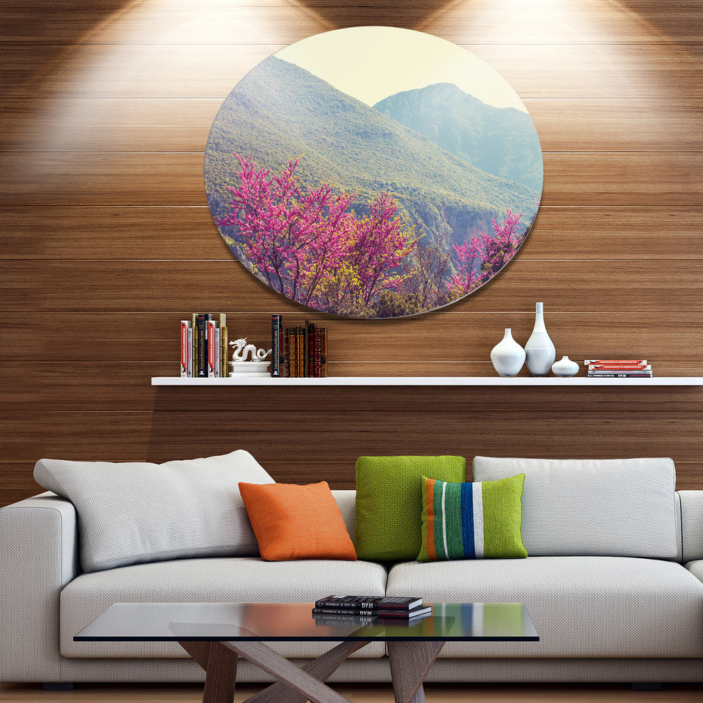 Pink Blossoming Flowers In Mountains, Floral Disc Metal Artwork, 23"