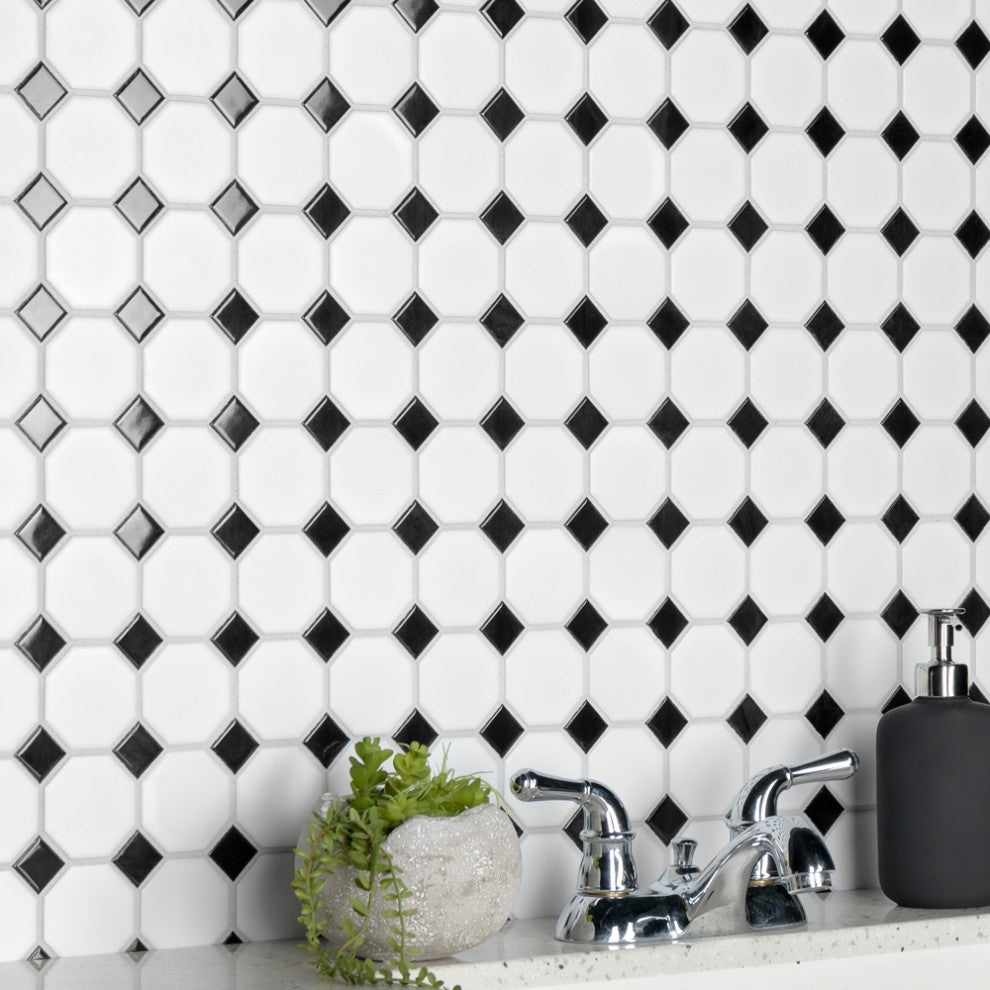 Metro Octagon Matte White w/ Black Dot Porcelain Floor and Wall Tile