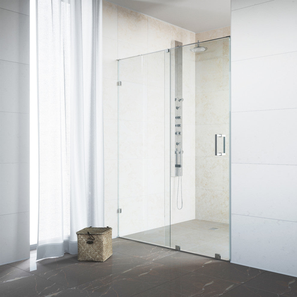 VIGO Ryland 62" to 64" W x 73" H Frameless Track Sliding Shower Door, Chrome, Clear Glass