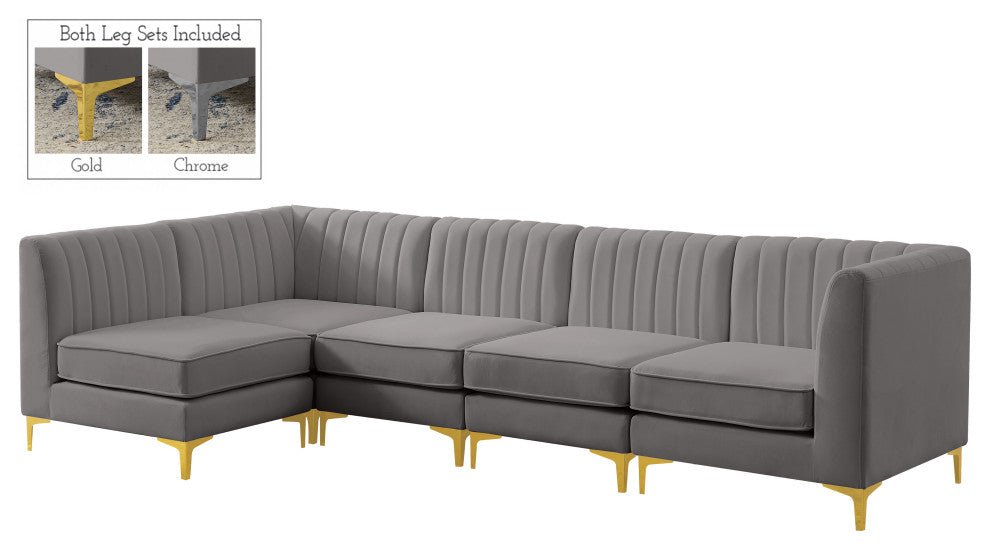 Alina Velvet Modular L-Shaped Modular Sectional, Grey, 5-Piece: 3 Armless Chair, 2 Corner Chair