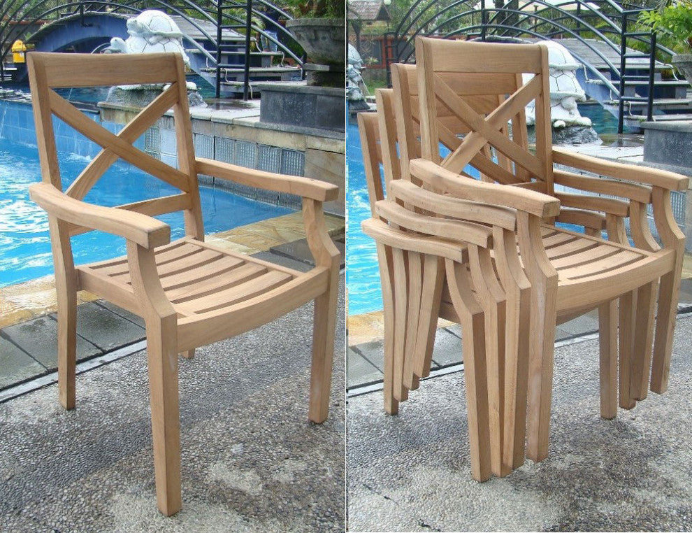 3-Piece Outdoor Teak Dining Set: 36" Round Table, 2 Grand Stacking Arm Chairs