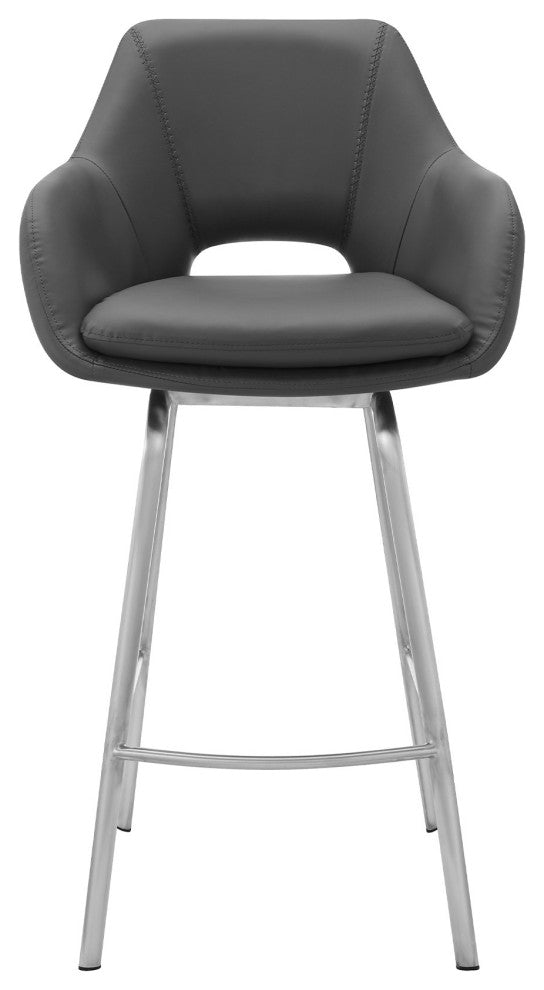 26" Gray on Stainless Faux Leather Comfy Swivel Counter Stool