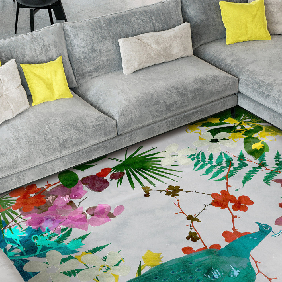 Blue Tropical Peacock II Art Area Rug, 5'x7.5'