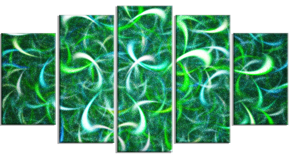 Dark Green Watercolor Fractal Art, Contemporary Art on Canvas, 60"x32", 5 Panels