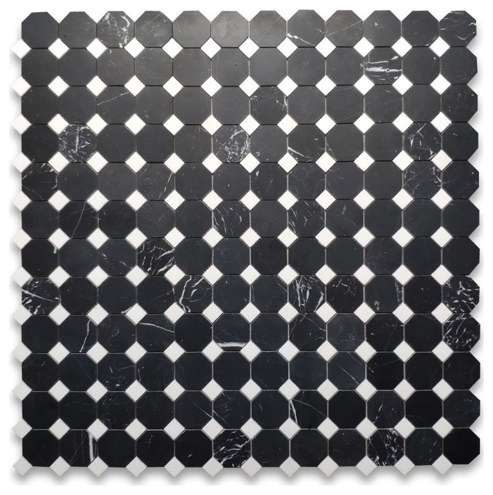Nero Marquina Black Marble Octagon Mosaic Tile Thassos White Honed, 1 sheet