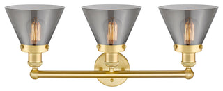Edison Large Cone 3-Light 25" Vanity Light, Satin Gold With Plated Smoke Shade