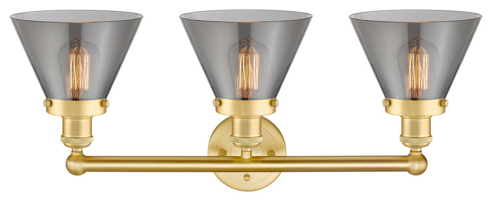 Edison Large Cone 3-Light 25" Vanity Light, Satin Gold With Plated Smoke Shade