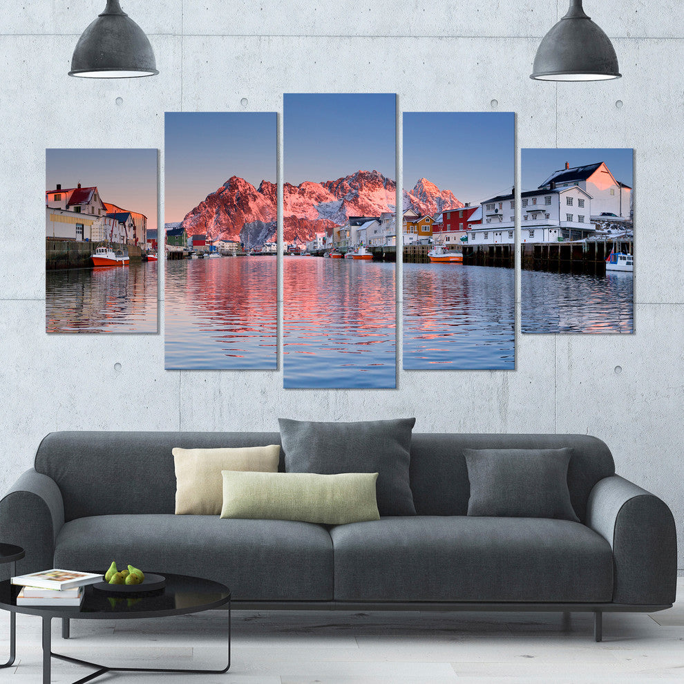 Henningsvaer on the Lofoten Norway, Landscape Canvas Art, 60"x32", 5 Panels