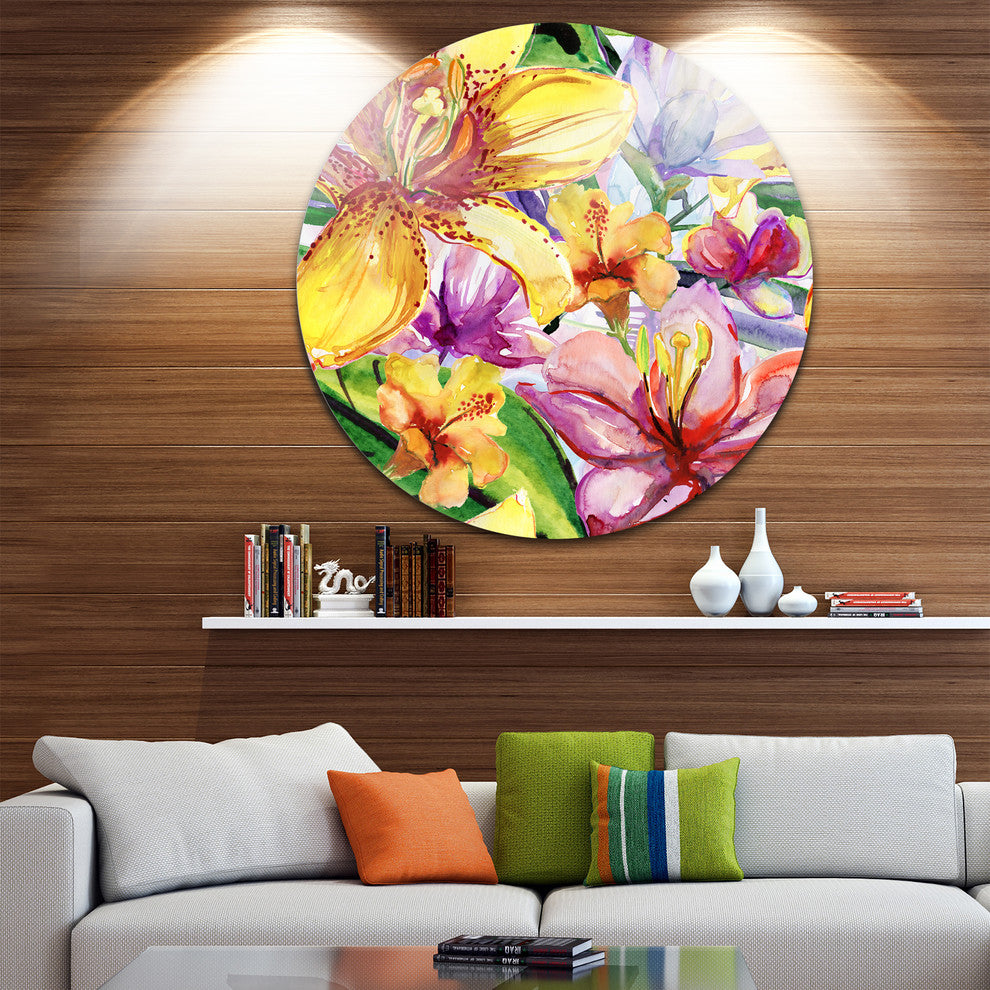 Lily Flowers Illustration Art, Floral Disc Metal Wall Art, 23"