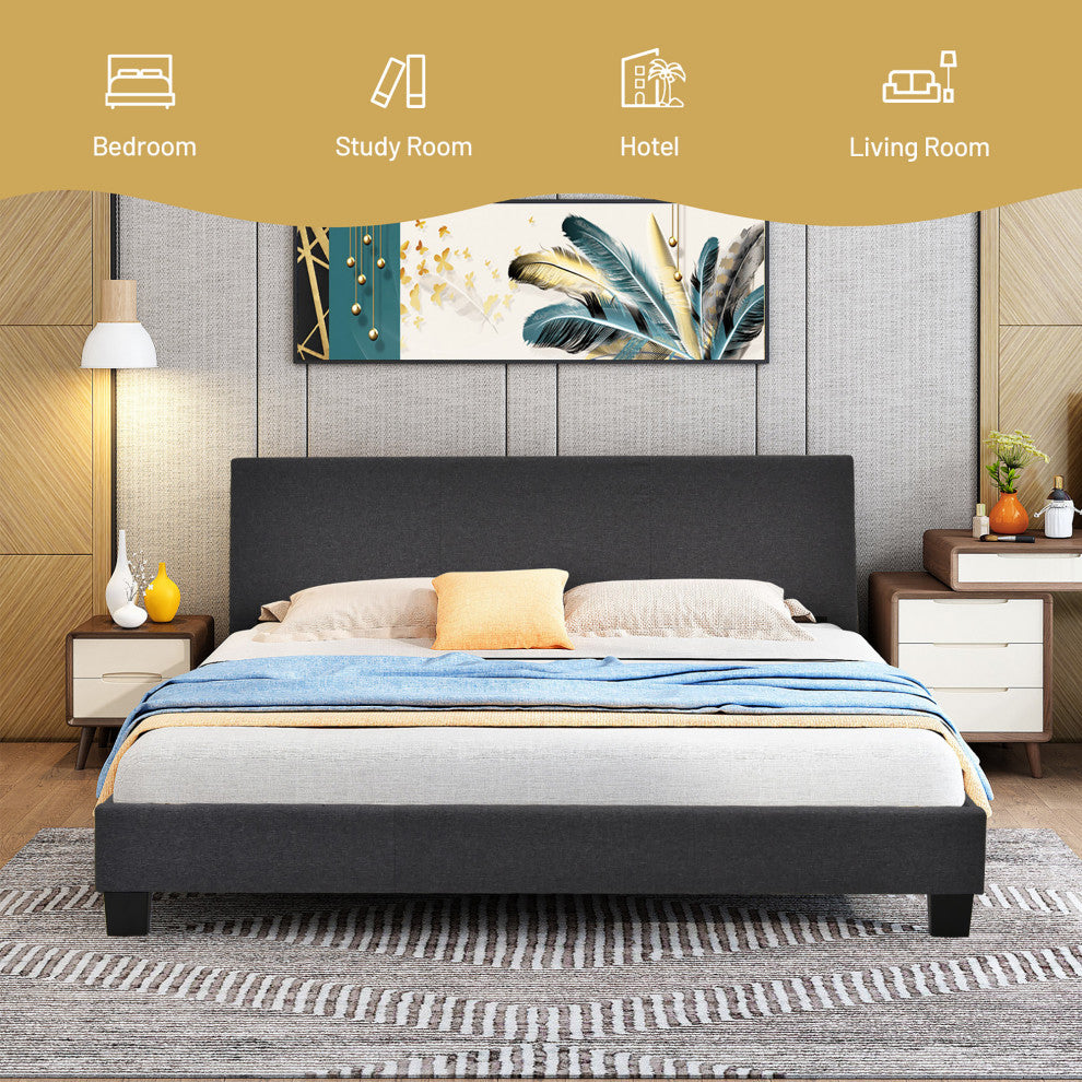 Costway Full Upholstered Platform Bed Frame with Linen Headboard Wood Slat Gray