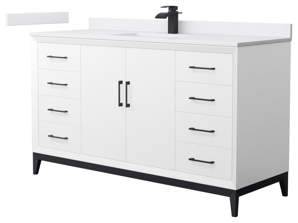 Amici 60" White Single Vanity, White Cultured Marble Top, Matte Black Trim