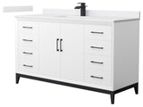 Amici 60" White Single Vanity, White Cultured Marble Top, Matte Black Trim