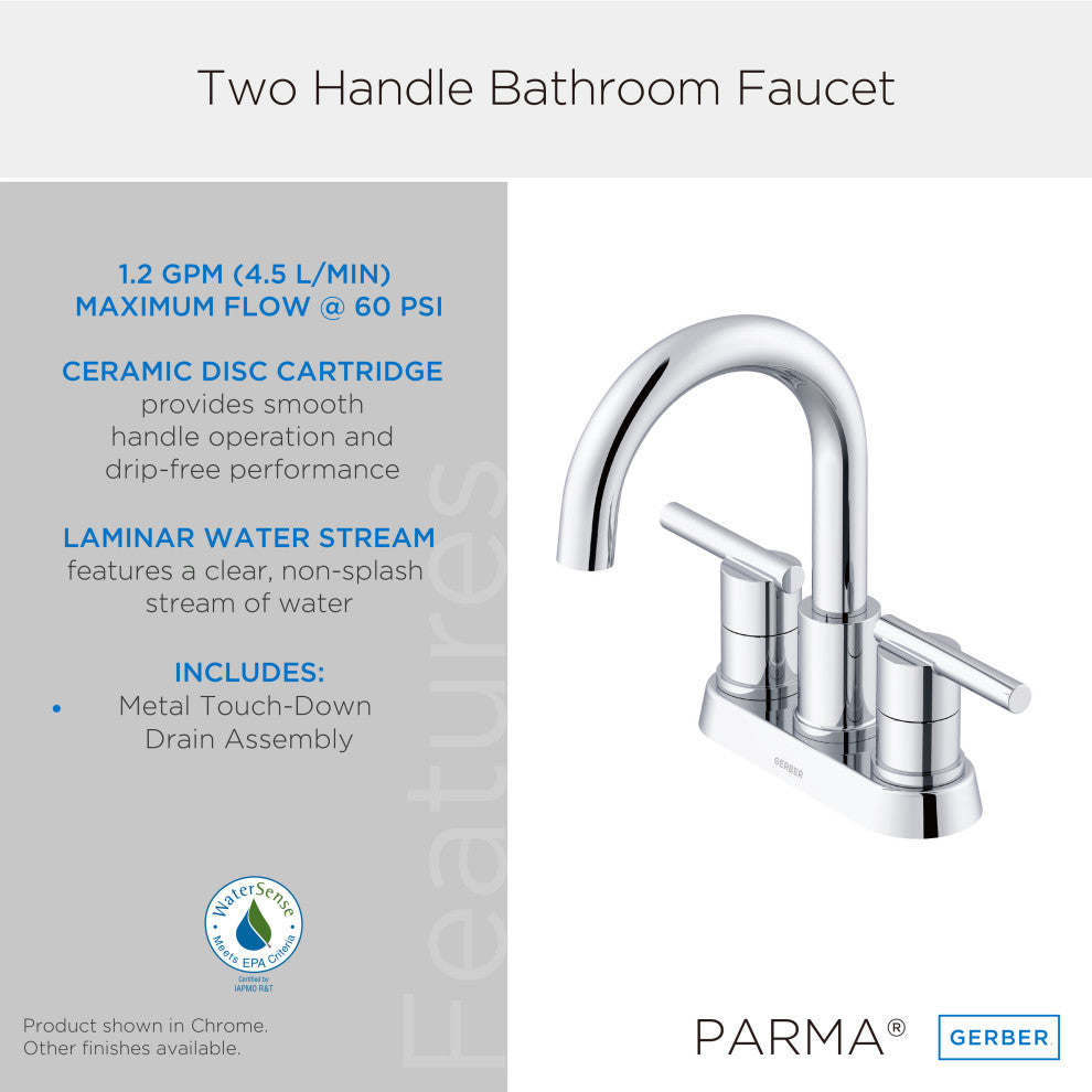 Parma 2H Centerset Bath Faucet, Metal Touch Down Drain 1.2gpm, Chrome