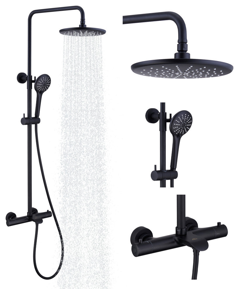 Thermostatic Round Shower Faucet Dual Head Waterfall Shower Bar System, Matte Black