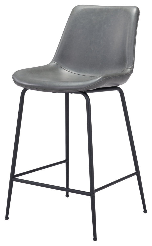 Counter Stool Chair, Faux Vinyl Leather, Steel, Gray, Black, Mid Century