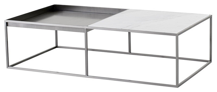 Corbett Rectangle Coffee Table, Brushed Steel Coffee Table, Modern White Marble