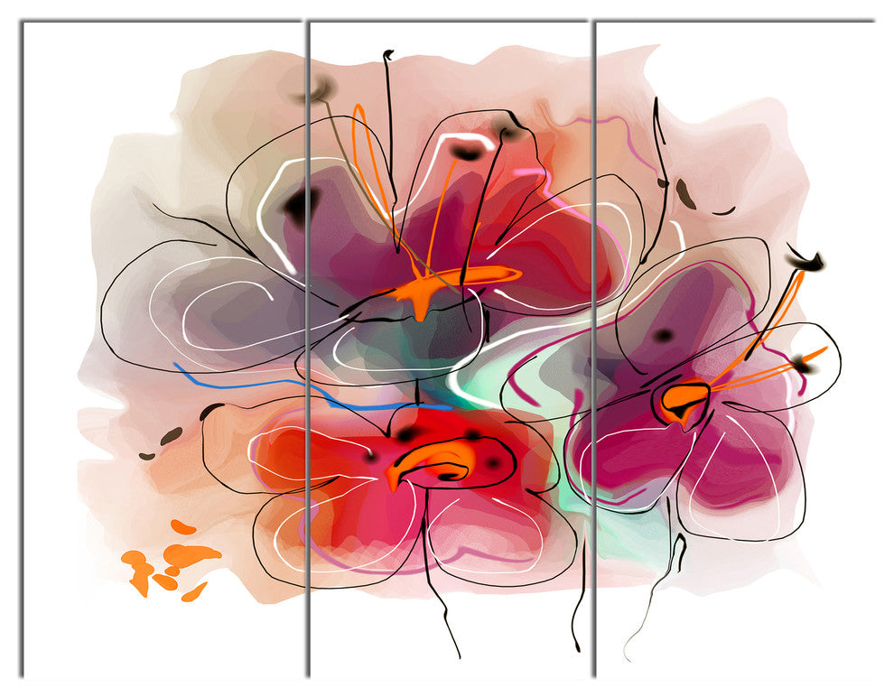 Red Blue Flower Illustration, Extra Large Floral Wall Art, 36x28, 3 Panels