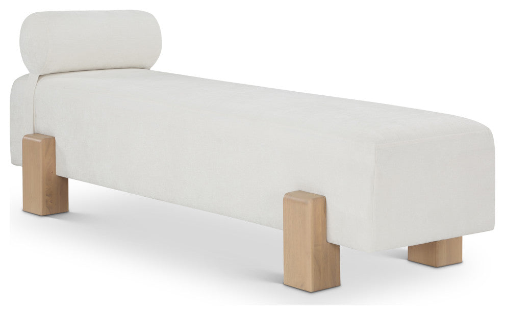 Edison Chenille Fabric Upholstered Bench, Cream, Natural Finish