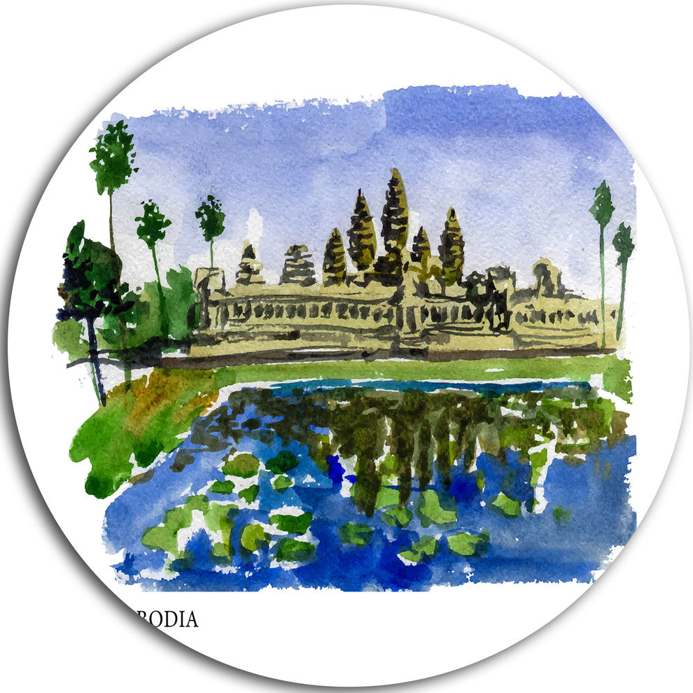 Cambodia Vector Illustration, Cityscape Painting Round Wall Art, 11"