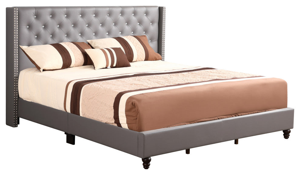 Mina Upholstered Faux Leather Bed, Gray, King