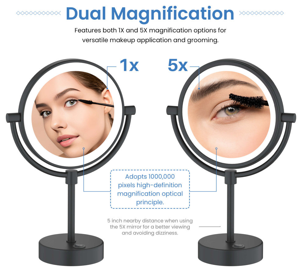 Circular LED Free Standing Magnifying Make Up Mirror, Matte Black