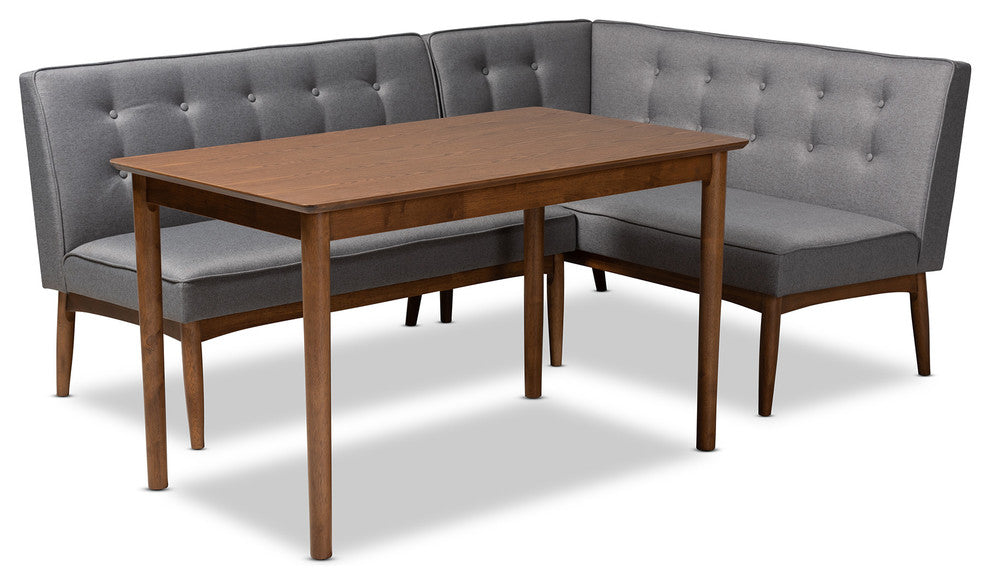 Marleen Mid-Century Modern Gray Fabric 3-Piece Wood Dining Nook Set