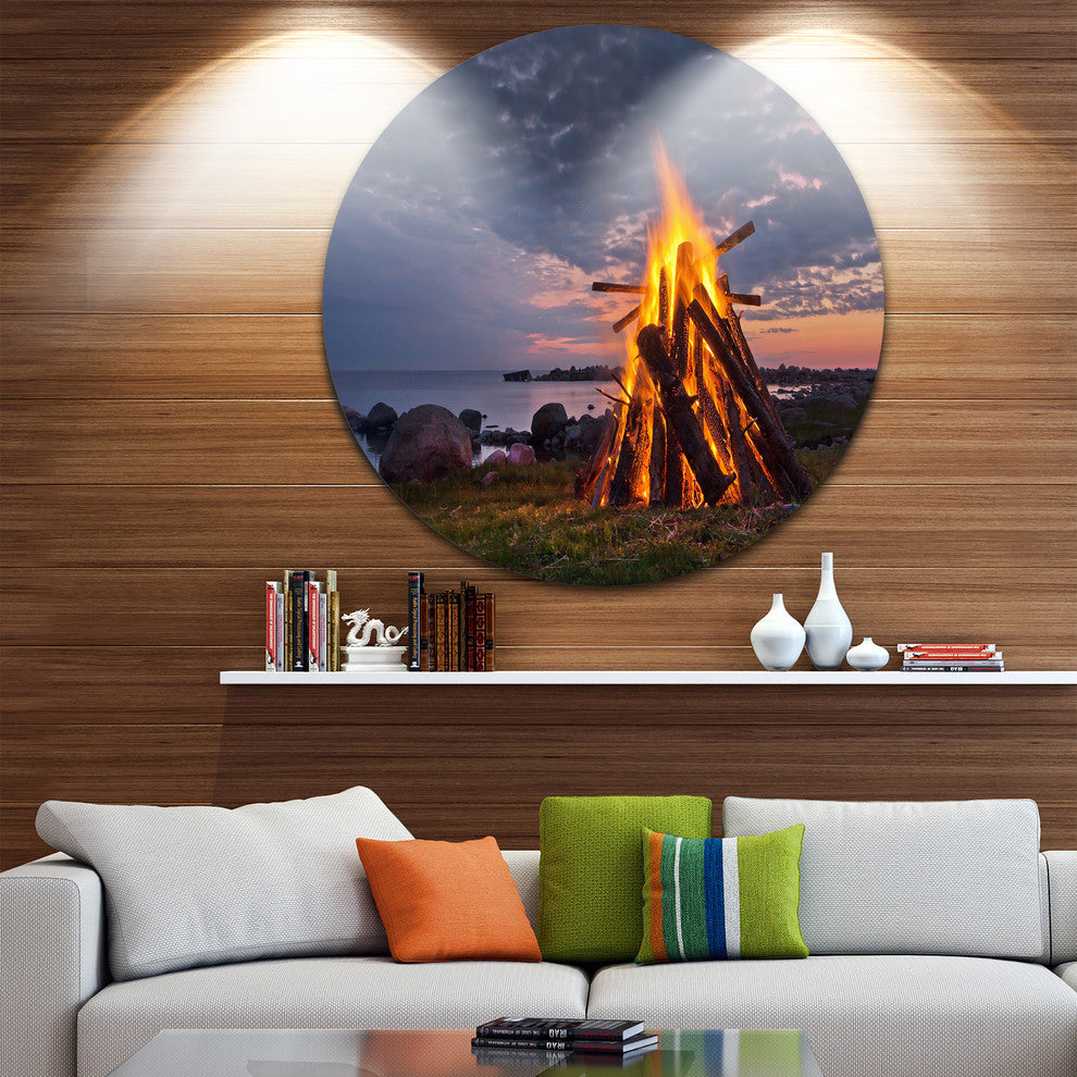 Bonfire On Beach In Summer Night, Landscape Round Metal Wall Art, 11"