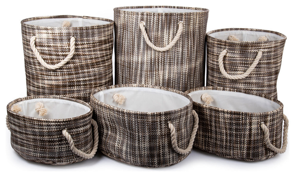 Paper Straw Round Storage Baskets, Set of 6, 15.5 x 18 inches, Brown