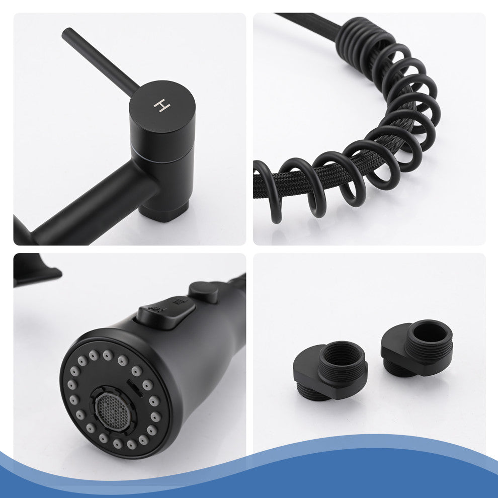 Double Handle Wall Mounted Spring Neck Bridge Kitchen Faucet, Matte Black