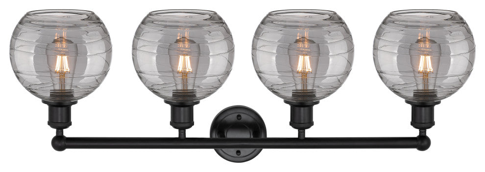 Edison-Athens Deco Swirl 4-Light 35" Bath Vanity Light, Matte Black, Light Smoke
