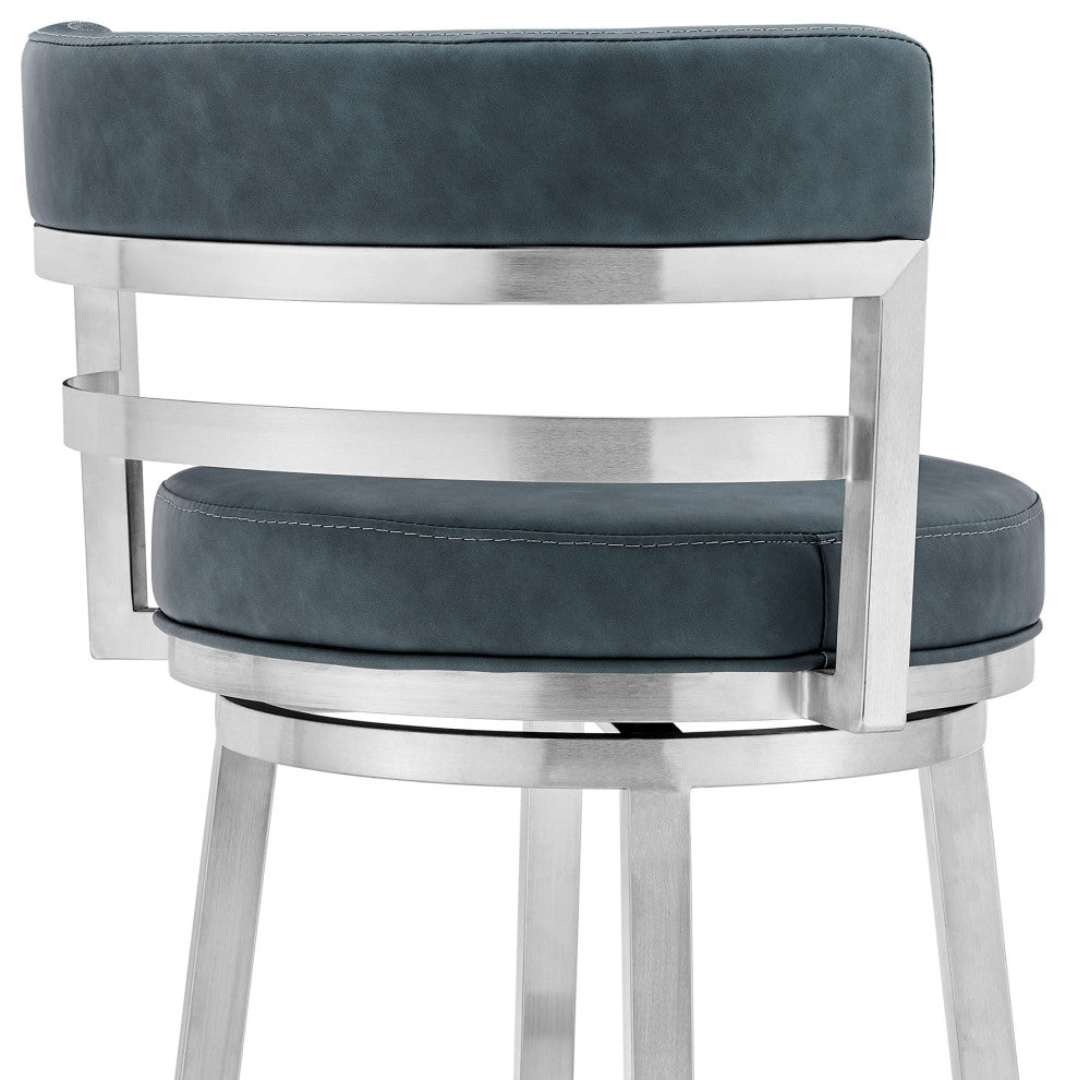 Titana 26" Counter Height Swivel Blue Faux Leather and Stainless Steel Bar Stool, 30