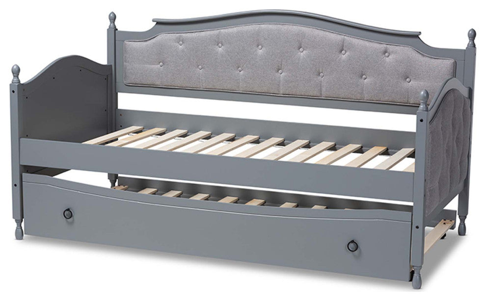 Cayden Fabric Upholstered Twin Size Daybed With Trundle, Gray and Gray