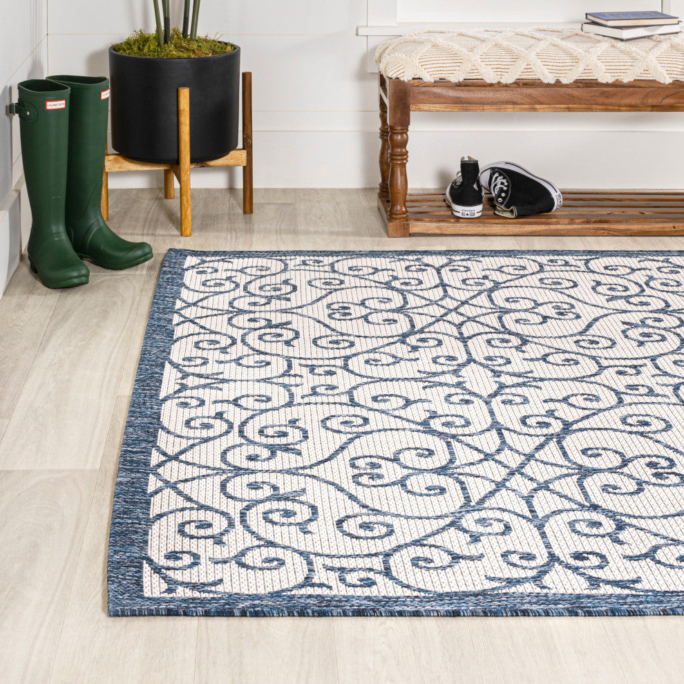 Madrid Vintage Filigree Textured Weave Indoor/Outdoor, Blue/Cream, 5 X 8