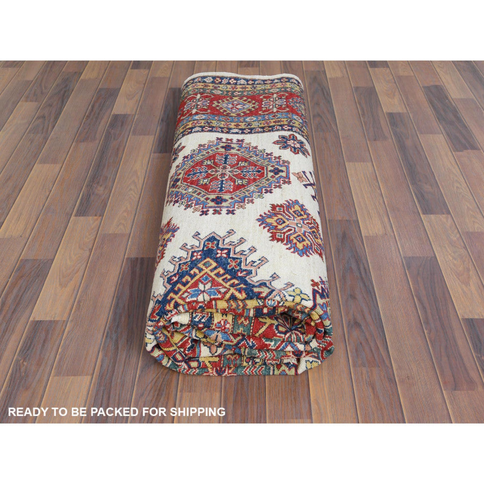 Hand Knotted Ivory Afghan Super Kazak Shiny Wool Oriental Rug, 8'8" x 11'10"