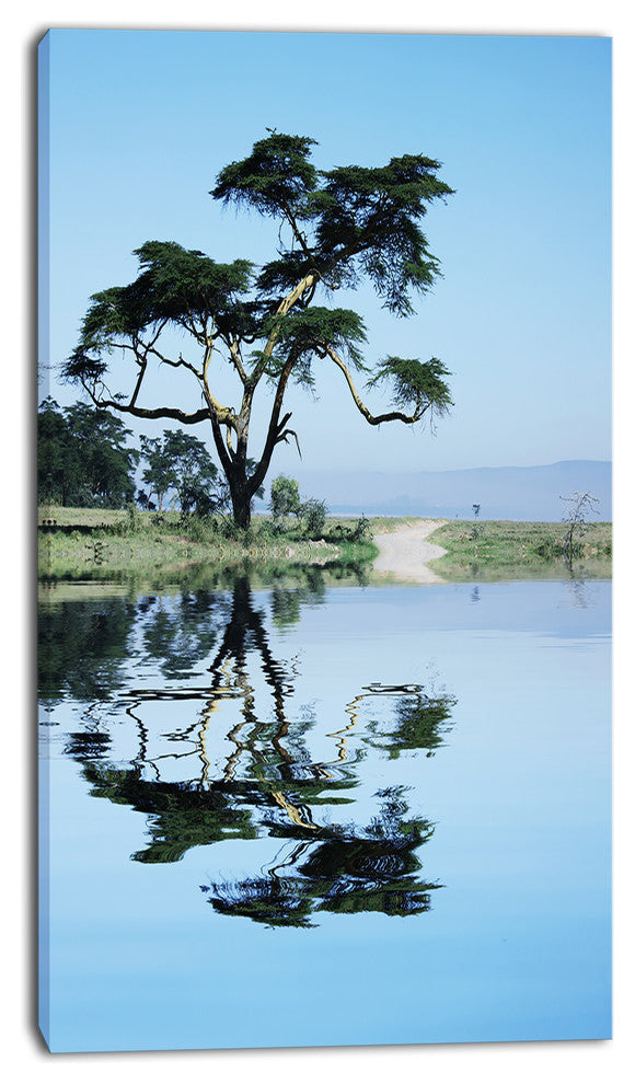 Beautiful Tree Reflecting in Lake, Oversized Landscape Canvas Art, 16"x32"