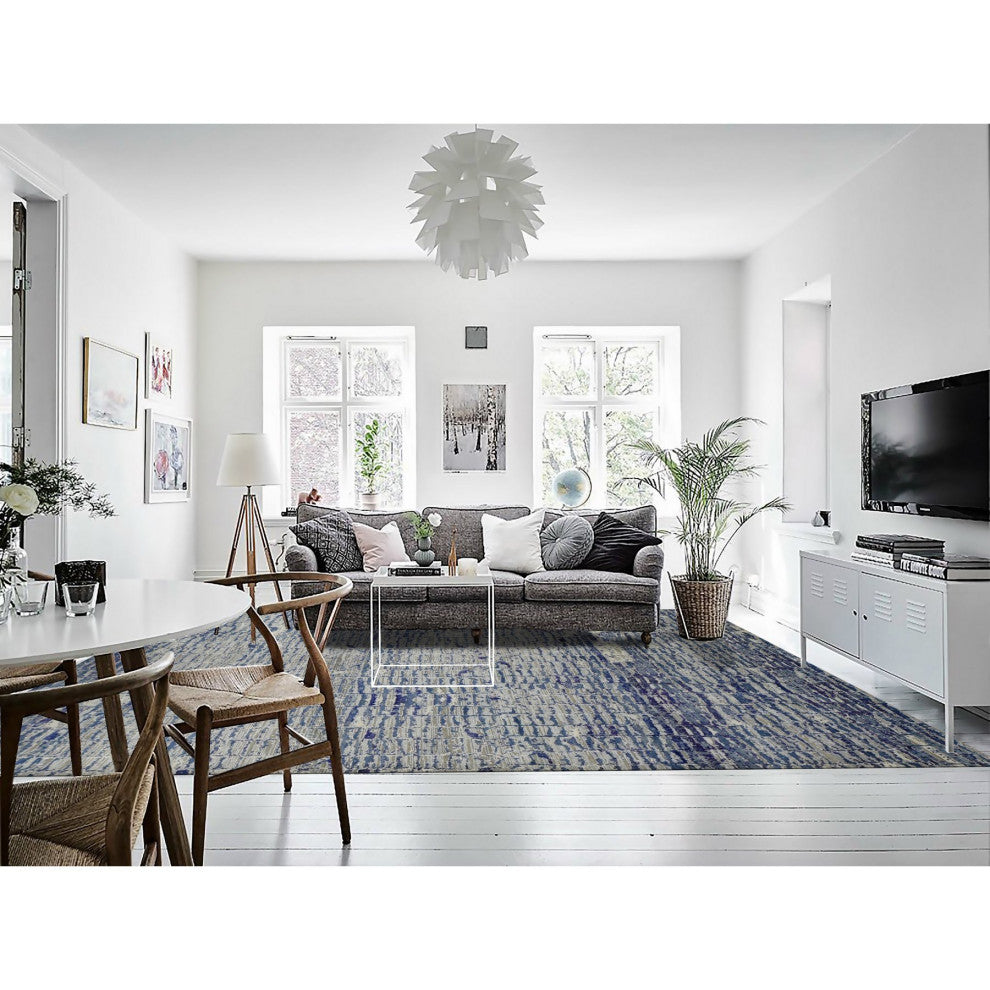 Yale Blue, Diminishing Bricks Design, Sari Silk, Hand Knotted Rug, 9'x12'2"
