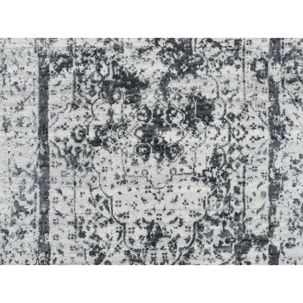 Gray Hand Knotted Erased Persian Design Wool and Silk Runner Rug, 2'7"x12'0"