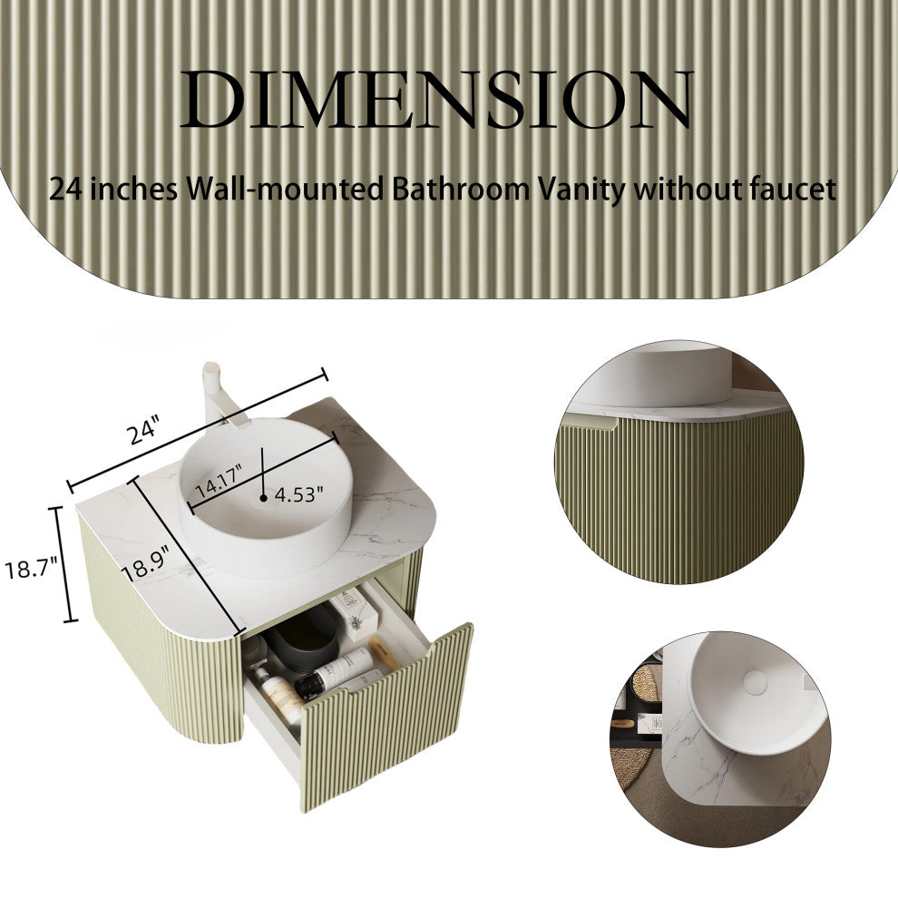 Wall-Mounted Bathroom Vanity With White Round Ceramic Basin, Light Green, 24"