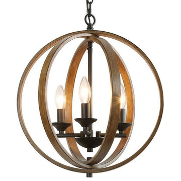 LNC Farmhouse Amtique Globe Brown Wood Chandelier for Kitchen Island, 3 Lights