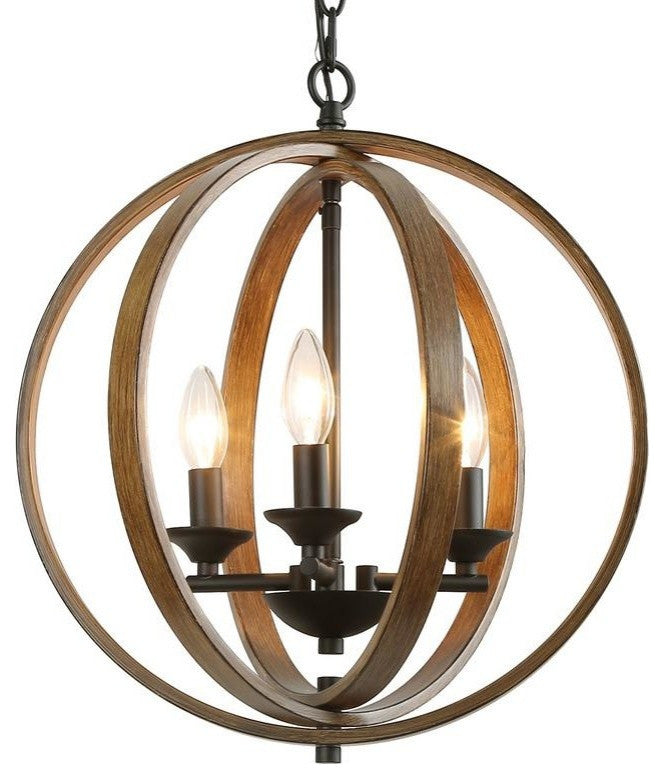 LNC Farmhouse Amtique Globe Brown Wood Chandelier for Kitchen Island, 3 Lights