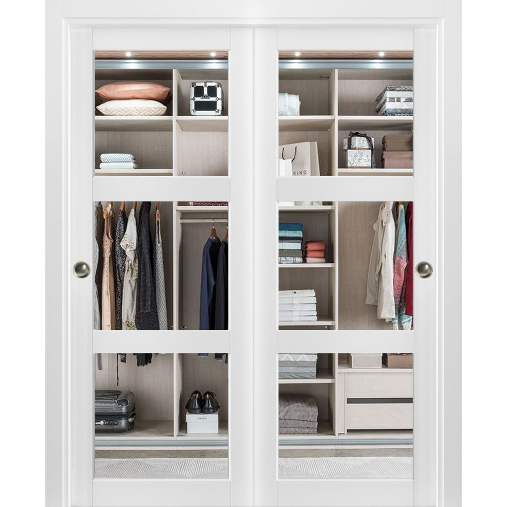Sliding Closet Clear Glass Bypass Doors 36 x 80, Lucia 2555 Matte White