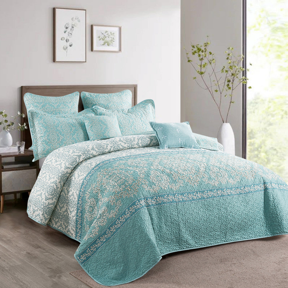 Mystic Quilted 7-Piece Bed Spread Set, Teal/Turquoise, Over-Sized King