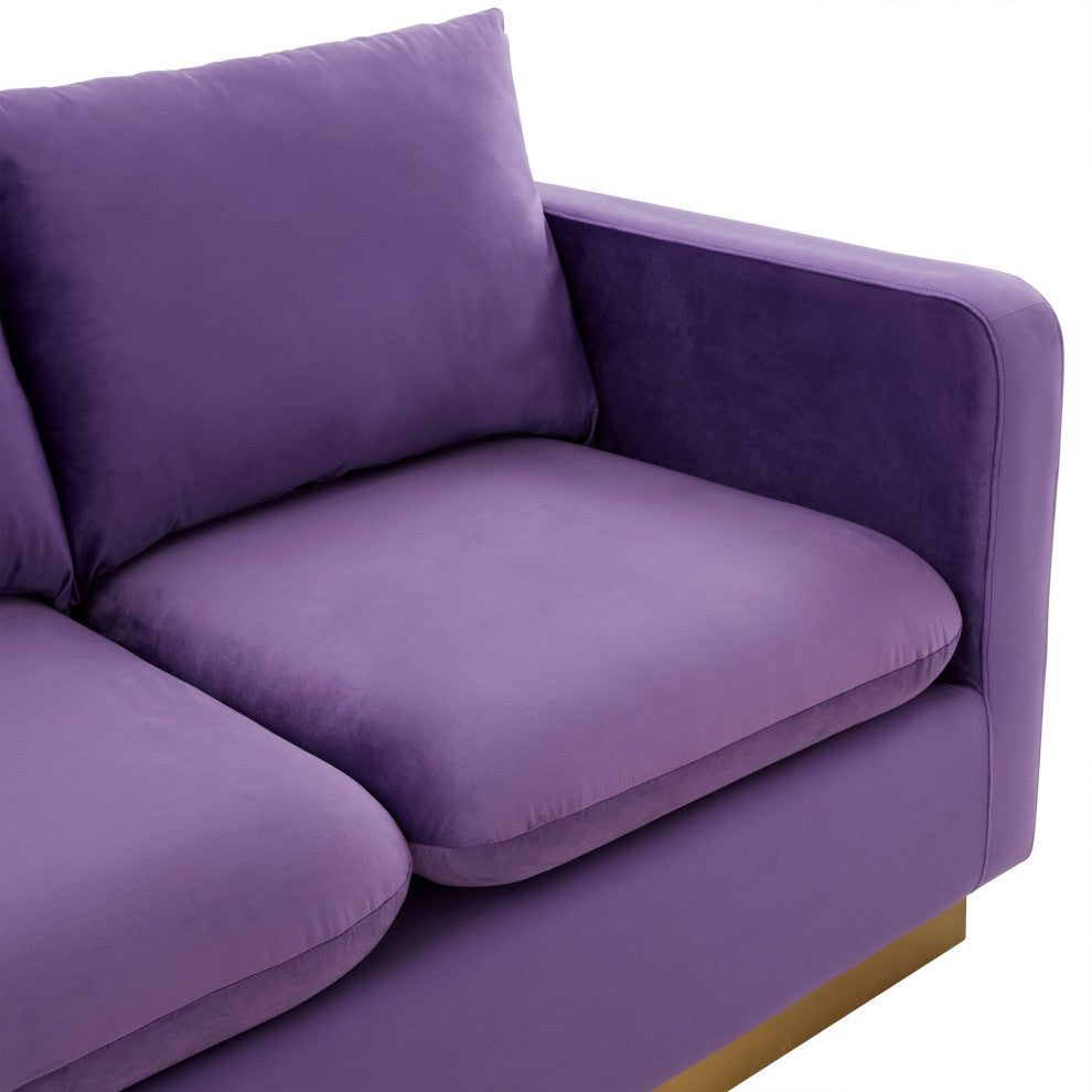 LeisureMod NS55PU Nervo Purple Modern Mid-Century Velvet Loveseat Gold Frame