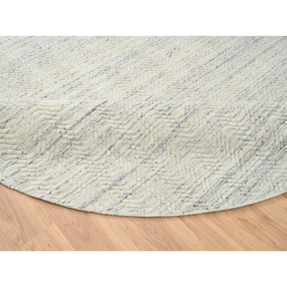 Beige Wool Hand Loomed Variegated Textured Modern Design Round Rug, 9'10"x9'10"