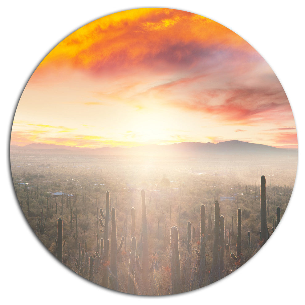 Saguaro Cactus At Colorful Sunset, Landscape Disc Metal Wall Art, 23"