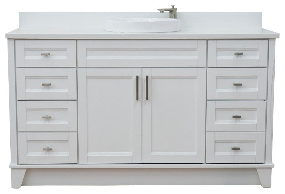 61" Single Sink Vanity, White Finish And Engineered Stone Top And Round Sink