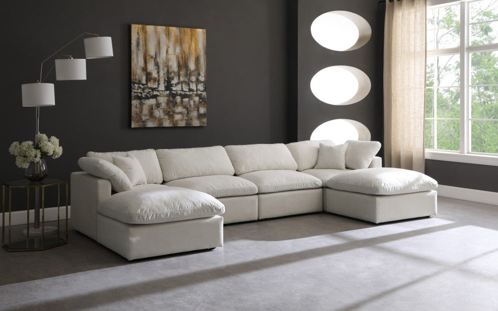 Plush Velvet / Down Standard Comfort 6-Piece U-Shaped Modular Sectional, Cream